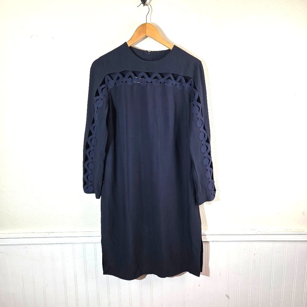 Akris Punto Navy Blue Cutout Circle Trim Shift Dress Womens US 8 Designer Long